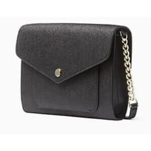 Kate Spade Black Crossbody Purse Metallic Fabric Flap Closure Gold Chain Handbag